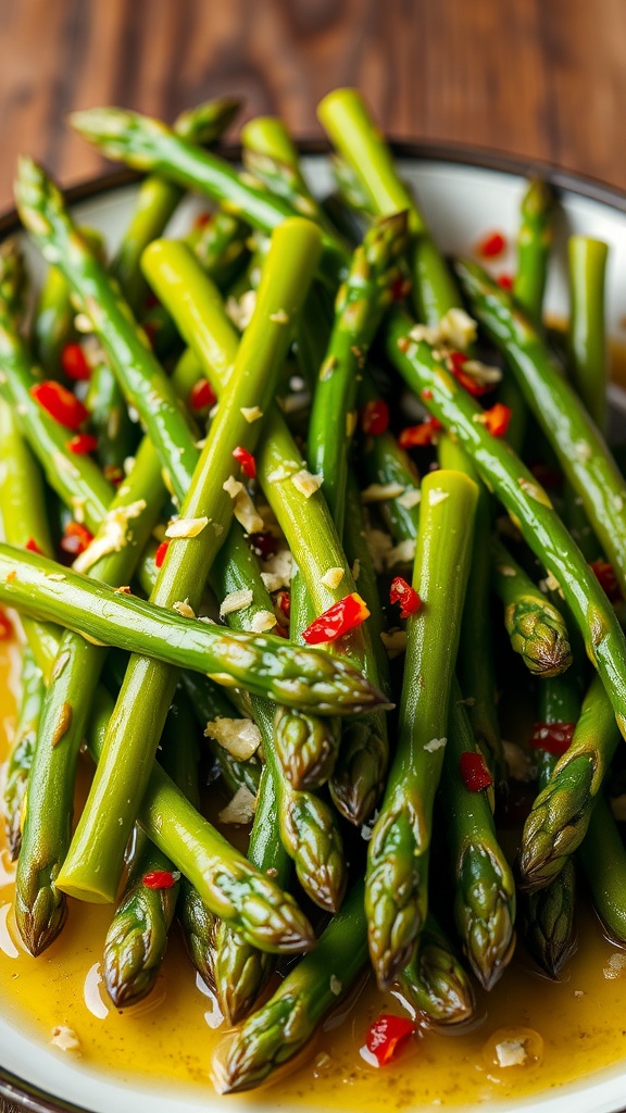 Sautéed asparagus with garlic and lemon on a wooden table.